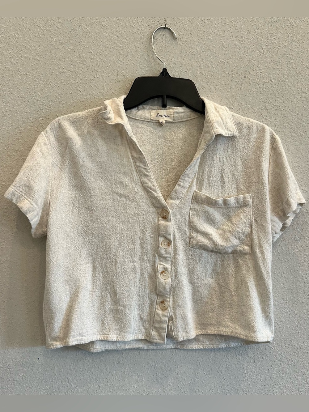 Love Notes Linen Blend Crop Button Shirt Medium Coastal Boho